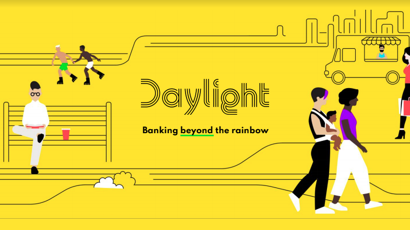 Yellow background image with animated queer folx doing things in a city. The image reads Daylight: banking beyond the rainbow.